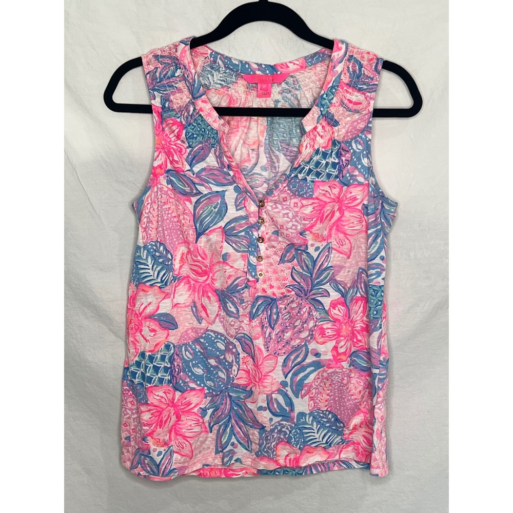 Lilly Pulitzer Essie Pink Floral Pineapple Tank Top Cotton Medium Summer Coastal